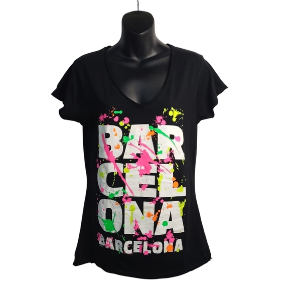 Safon Women's Barcelona Colorful Letters Black V-Neck T-Shirt Size Large - Picture 1 of 5
